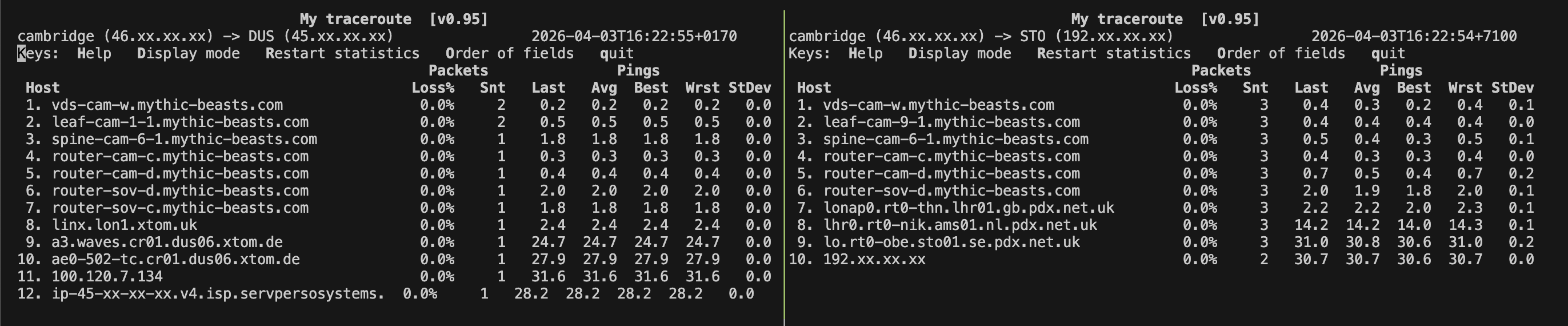 MTR Result showing hops between a VPS in Cambridge UK and VPSs in Stockholm SE. and Düsseldorf DE. 